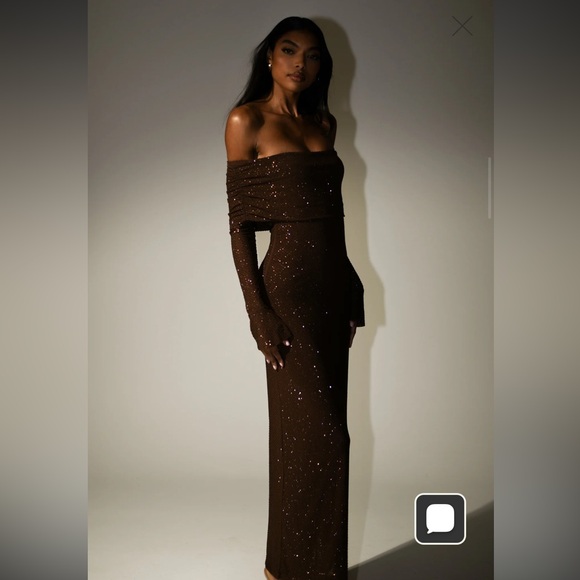 Meshki Dresses & Skirts - Meshki Off-Shoulder Diamanté Sparkling Brown Maxi Dress